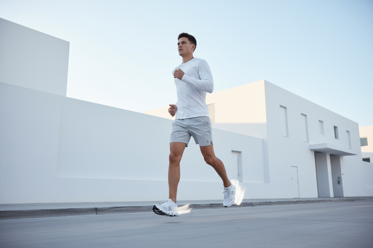 Fotografía de cuerpo completo de un joven atlético corriendo con ligereza por una calle urbana moderna al amanecer, usando tenis On Cloud blancos y grises. La atmósfera transmite calma y libertad, con un ligero desenfoque de movimiento en las piernas para mostrar dinamismo. Fondo minimalista con tonos suaves (cielo azul claro, edificios blancos y sombras tenues). Luz natural resaltando los tenis y la energía del corredor. Estilo limpio, editorial y cinematográfico, inspirado en la estética de la marca On Ru